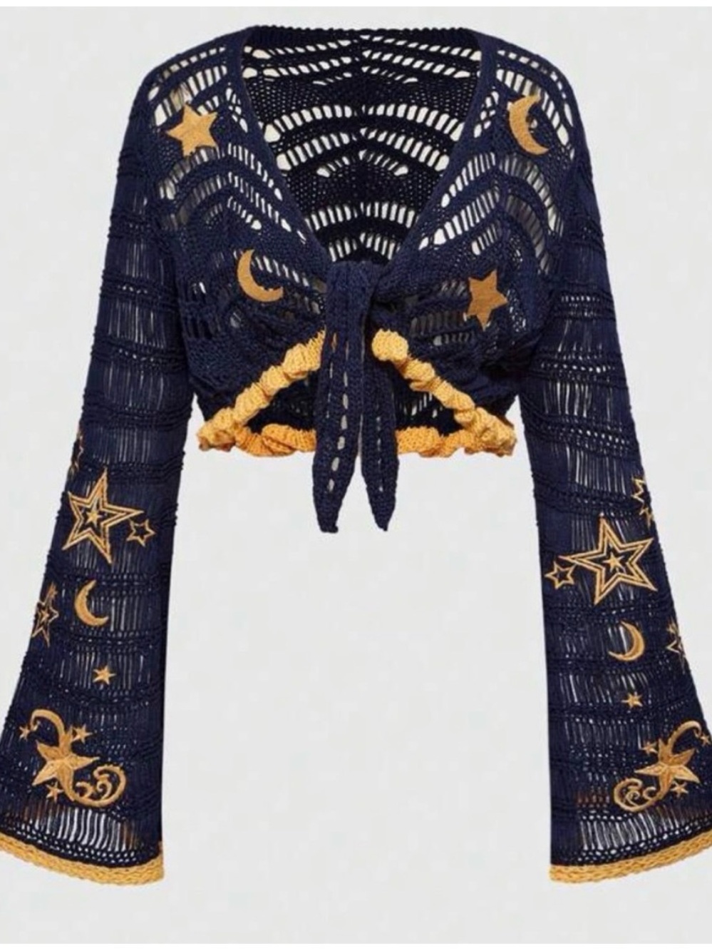 Navy Crochet Tie-Front Bolero with Gold Celestial Embroidery